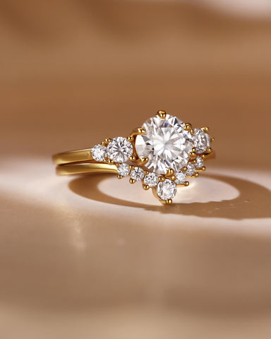 ANNE Round Cut Moissanite Cluster Engagement Ring Set with Curved Wedding Band