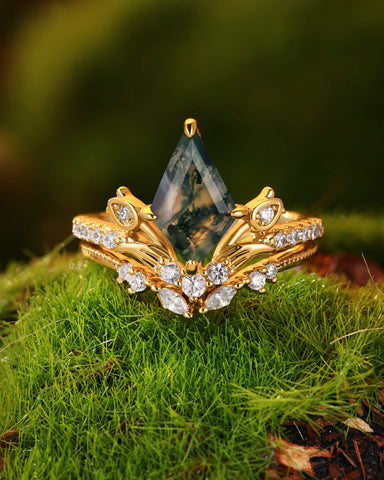 GALADRIEL Unique Kite Cut Moss Agate Leafy Floral Cluster Bridal Set 2pcs