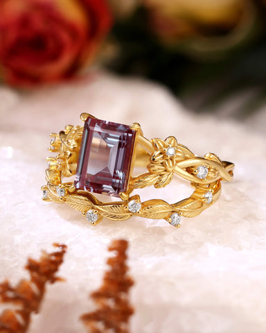 CLEMENTINE Emerald Cut Alexandrite Bridal Ring Set Nature Inspired Leafy Ring Set
