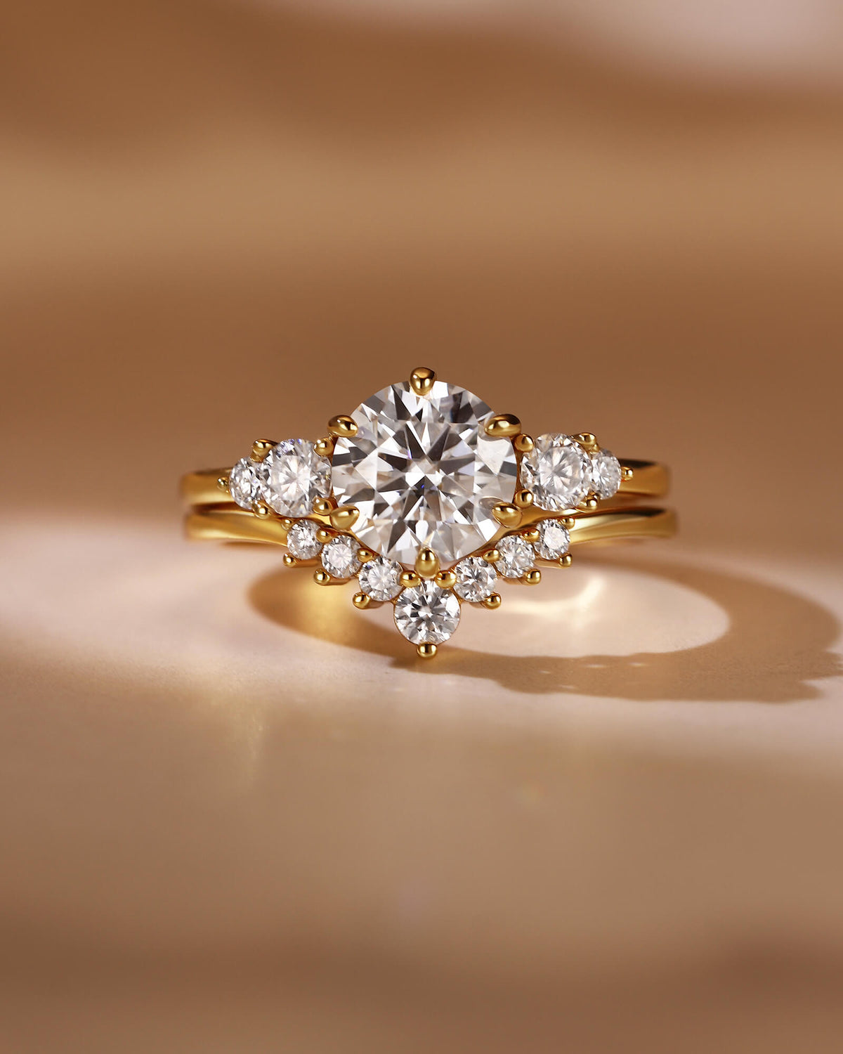 ANNE Round Cut Moissanite Cluster Engagement Ring Set with Curved Wedding Band