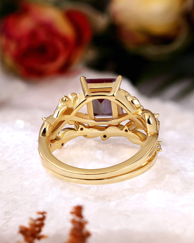 CLEMENTINE Emerald Cut Alexandrite Bridal Ring Set Nature Inspired Leafy Ring Set