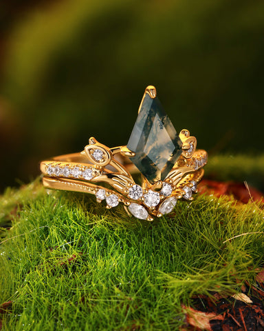 GALADRIEL Unique Kite Cut Moss Agate Leafy Floral Cluster Bridal Set 2pcs