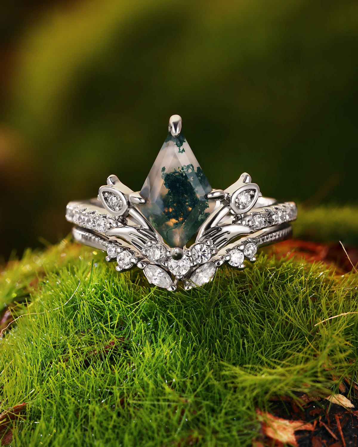 GALADRIEL Unique Kite Cut Moss Agate Leafy Floral Cluster Bridal Set 2pcs