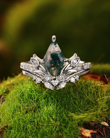 GALADRIEL Unique Kite Cut Moss Agate Leafy Floral Cluster Bridal Set 2pcs