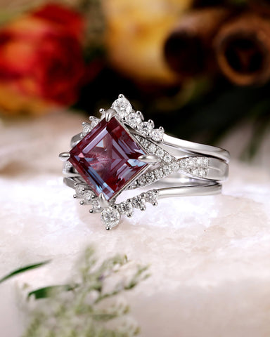 ALTHESSA Wedding Ring Set Square Shaped Alexandrite Engagement Ring Set-3pcs