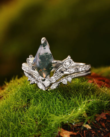 GALADRIEL Unique Kite Cut Moss Agate Leafy Floral Cluster Bridal Set 2pcs