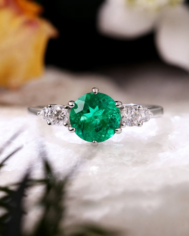 EMIRA Round Cut Lab Emerald Classic Five-stone Engagement Ring