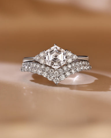 GEMMA Hexagon Cut Moissanite Engagement Ring Set with Curved Band