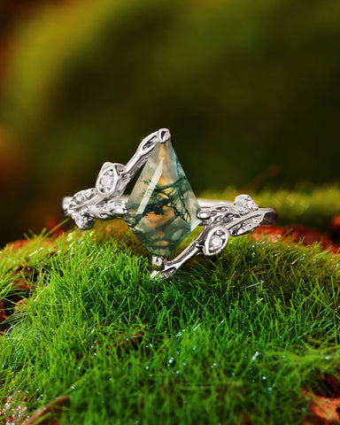 GARDENIA Kite Cut Moss Agate Leafy Vine Flower Engagement Ring