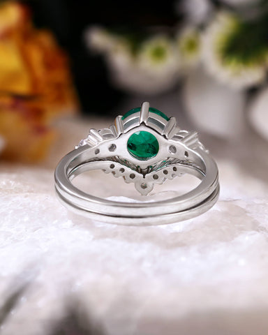 VIRELUNE Round Shaped Lab Emerald Engagement Ring Set