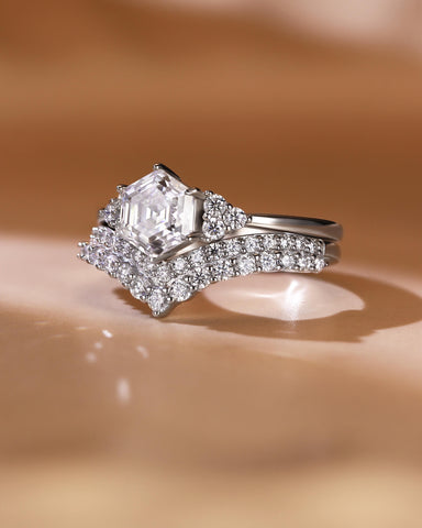 GEMMA Hexagon Cut Moissanite Engagement Ring Set with Curved Band