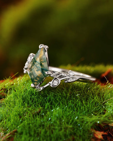 GARDENIA Kite Cut Moss Agate Leafy Vine Flower Engagement Ring