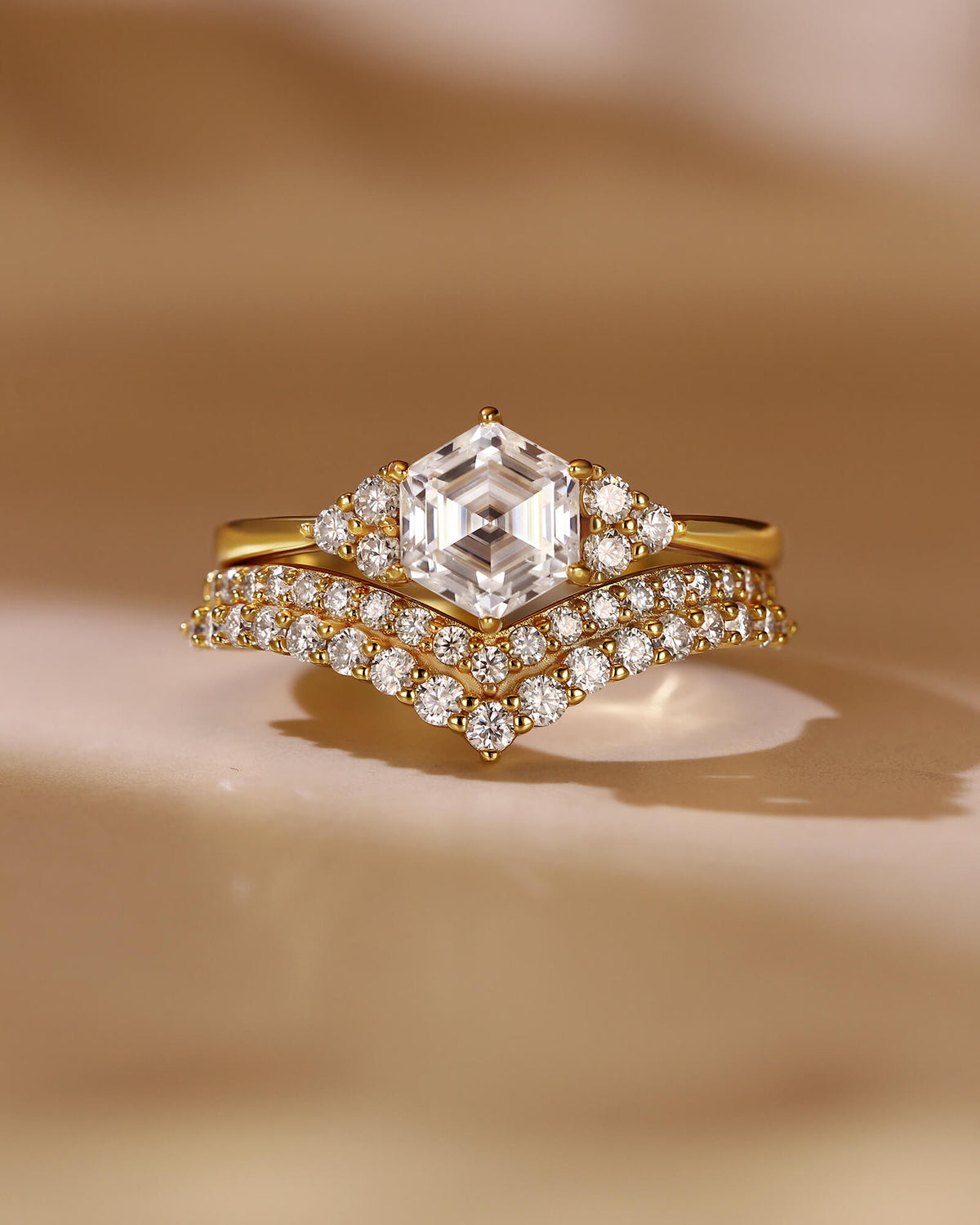 GEMMA Hexagon Cut Moissanite Engagement Ring Set with Curved Band