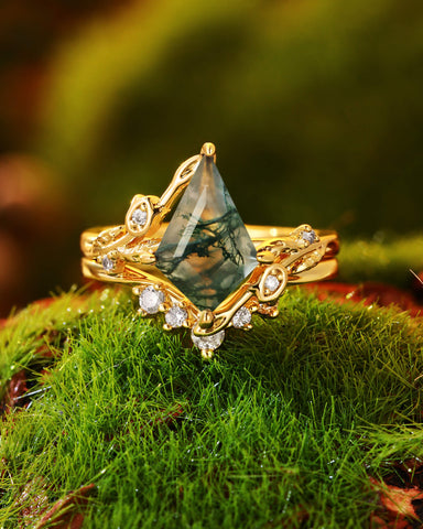 GARDENIA Unique Kite Cut Moss Agate Leafy Vine Flower Nature Inspired Bridal Set 2pcs