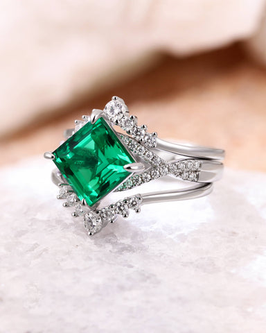 TEVERIA Square Shaped Lab Emerald Engagement Ring Unique Bridal Wedding Set