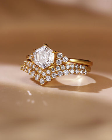 GEMMA Hexagon Cut Moissanite Engagement Ring Set with Curved Band