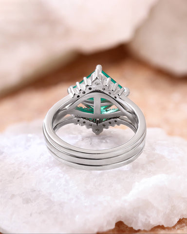 TEVERIA Square Shaped Lab Emerald Engagement Ring Unique Bridal Wedding Set