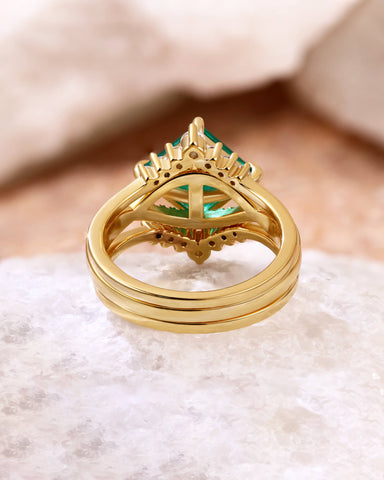 TEVERIA Square Shaped Lab Emerald Engagement Ring Unique Bridal Wedding Set