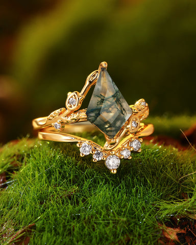 GARDENIA Unique Kite Cut Moss Agate Leafy Vine Flower Nature Inspired Bridal Set 2pcs
