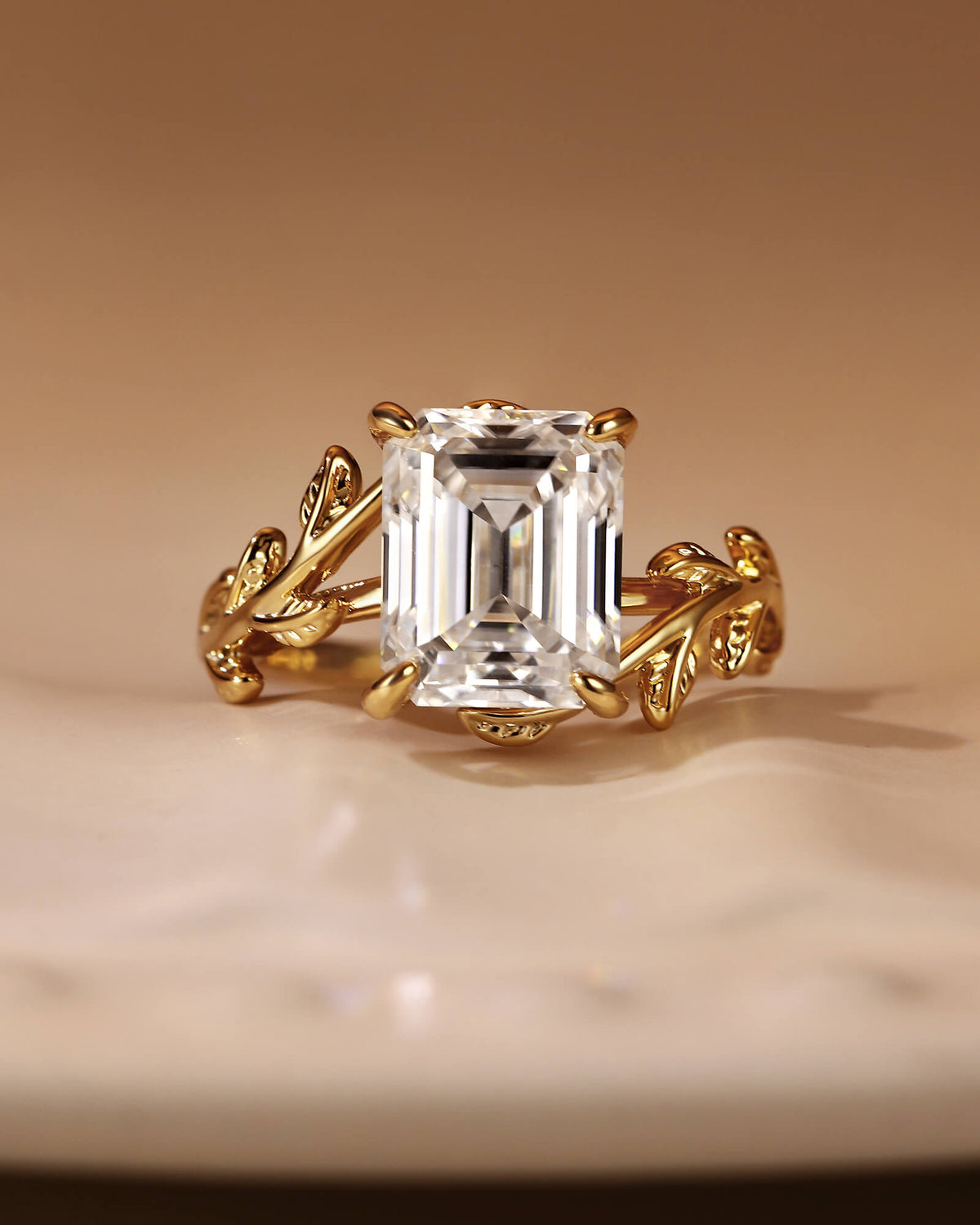 ZELAYA Emerald Cut Engagement Ring with Vine Leaf Band