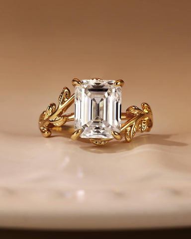 ZELAYA Emerald Cut Engagement Ring with Vine Leaf Band