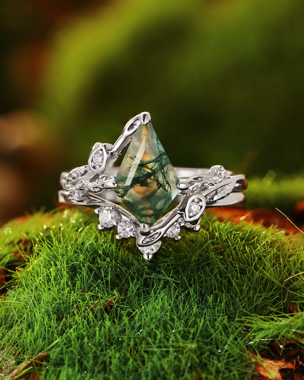 GARDENIA Unique Kite Cut Moss Agate Leafy Vine Flower Nature Inspired Bridal Set 2pcs