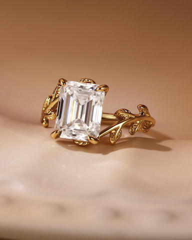 ZELAYA Emerald Cut Engagement Ring with Vine Leaf Band