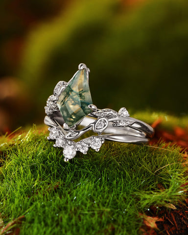 GARDENIA Unique Kite Cut Moss Agate Leafy Vine Flower Nature Inspired Bridal Set 2pcs