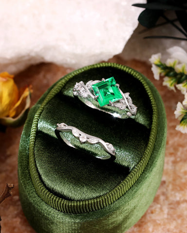 CASSIA Princess Cut Emerald Engagement Ring Set Nature Inspired Leaf Ring Set