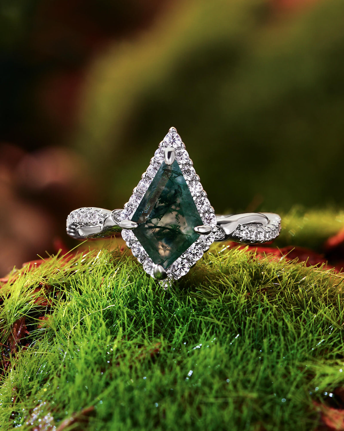 KARINA Halo Kite Cut Moss Agate Floral Twist Engagement Ring