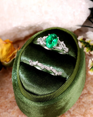 SUSAN Oval Cut Emerald Bridal Ring Set Nature Inspired Leaf Wedding Ring Set