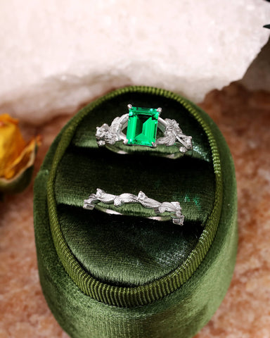 AVELINE Nature Inspired Emerald Cut Emerald Leafy Fairy Ring Set