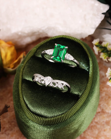 Marama Vintage Bridal Ring Set Emerald Engagement Ring with Moon and Sun Band
