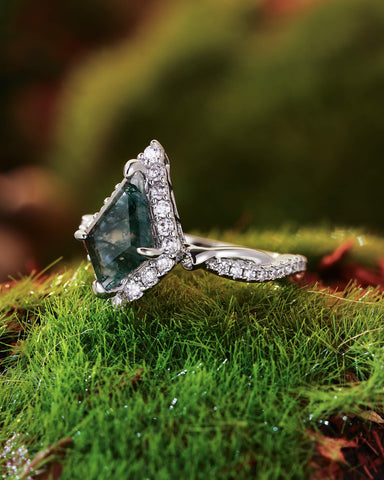KARINA Halo Kite Cut Moss Agate Floral Twist Engagement Ring