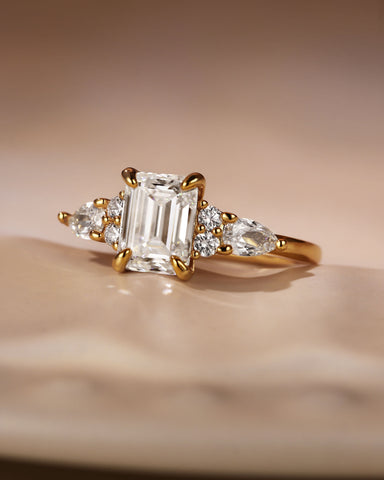 LEOLA Vintage Emerald Cut Engagement Ring with Three Side Stone