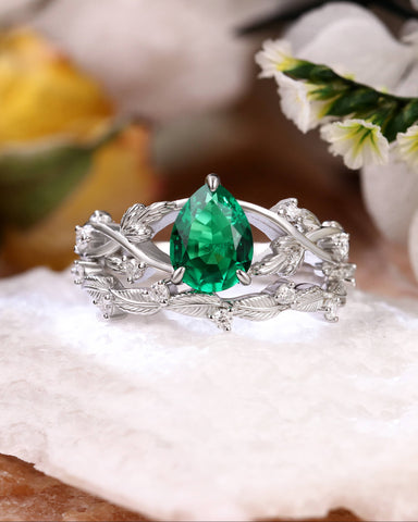 ELLA Pear Shaped Lab Emerald Engagement Ring Nature Inspired Leaf Ring Set