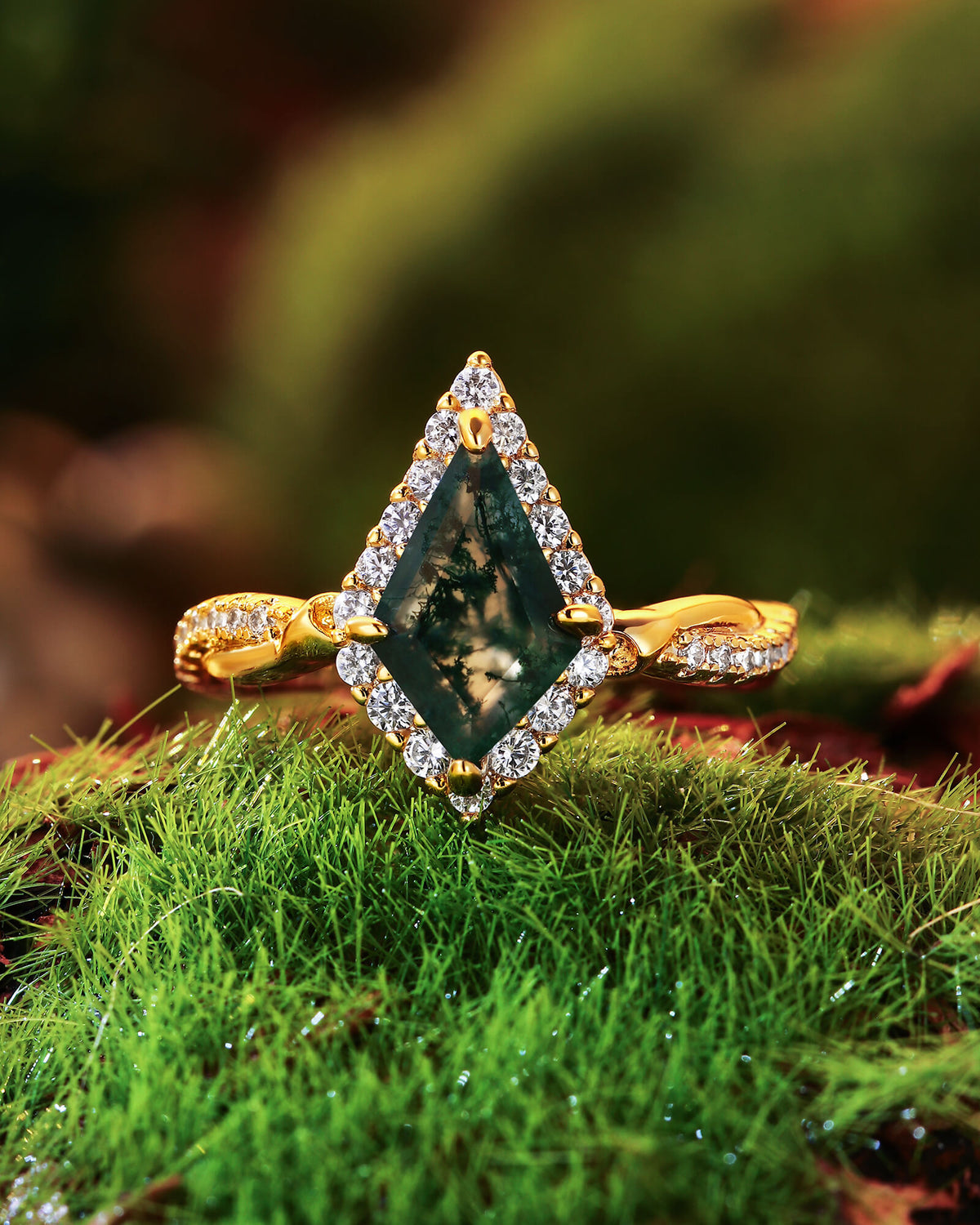 KARINA Halo Kite Cut Moss Agate Floral Twist Engagement Ring