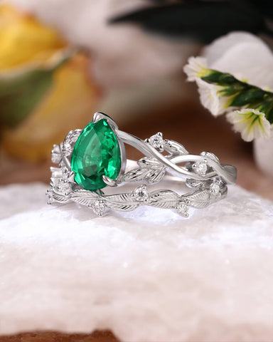 ELLA Pear Shaped Lab Emerald Engagement Ring Nature Inspired Leaf Ring Set