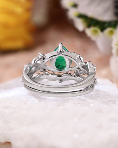 ELLA Pear Shaped Lab Emerald Engagement Ring Nature Inspired Leaf Ring Set