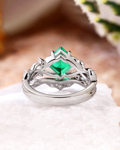 CASSIA Princess Cut Emerald Engagement Ring Set Nature Inspired Leaf Ring Set