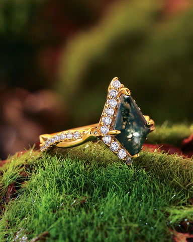 KARINA Halo Kite Cut Moss Agate Floral Twist Engagement Ring