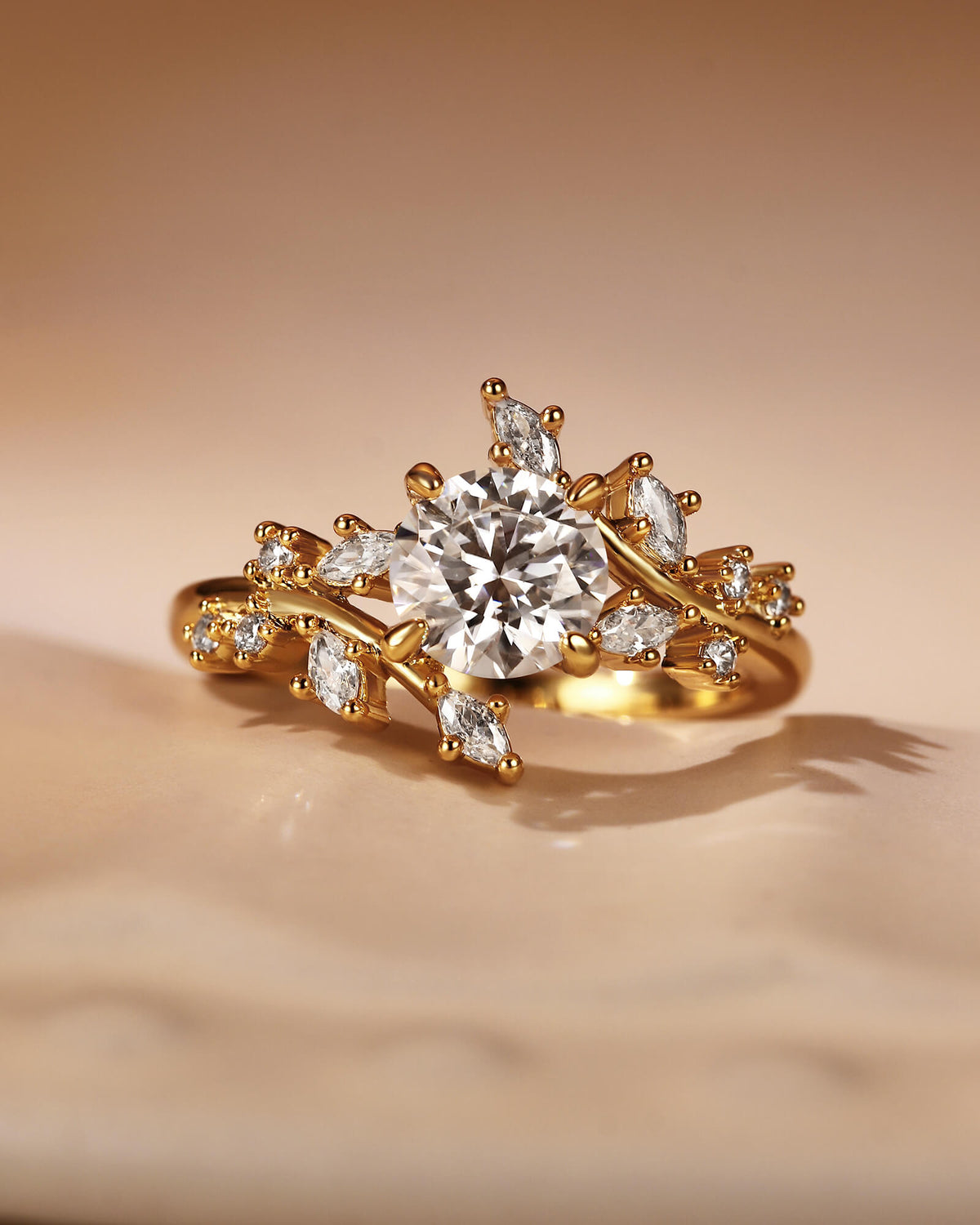 ALESSIA Nature Inspired Bypass Vine Leaf  Round Cut Engagement Ring