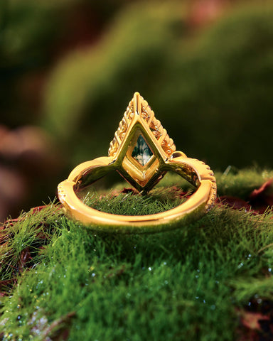 KARINA Halo Kite Cut Moss Agate Floral Twist Engagement Ring