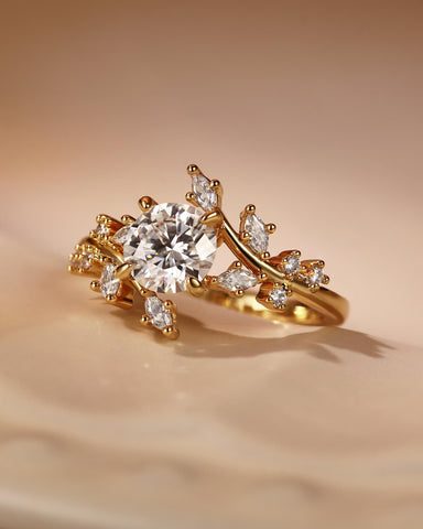 ALESSIA Nature Inspired Bypass Vine Leaf  Round Cut Engagement Ring