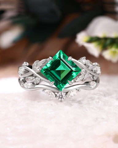 CASSIA Princess Cut Emerald Engagement Ring Set Nature Inspired Leaf Ring Set