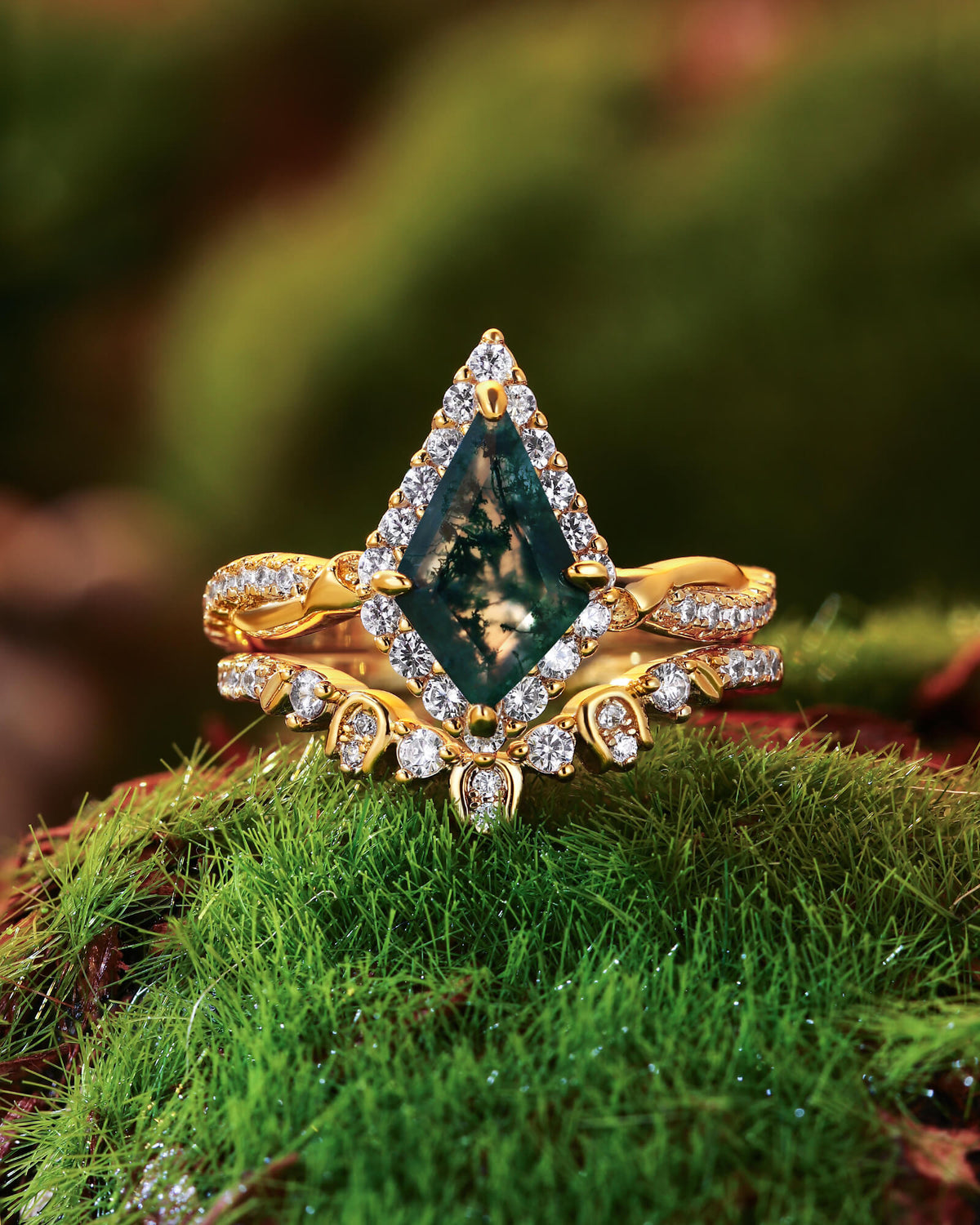 KARINA Vintage Halo Kite Cut Moss Agate Fairy Flower Inspired Engagement Set 2pcs