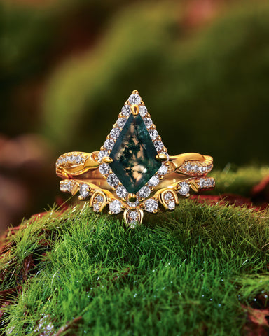 KARINA Vintage Halo Kite Cut Moss Agate Fairy Flower Inspired Engagement Set 2pcs