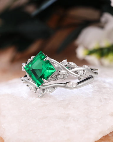 CASSIA Princess Cut Emerald Engagement Ring Set Nature Inspired Leaf Ring Set