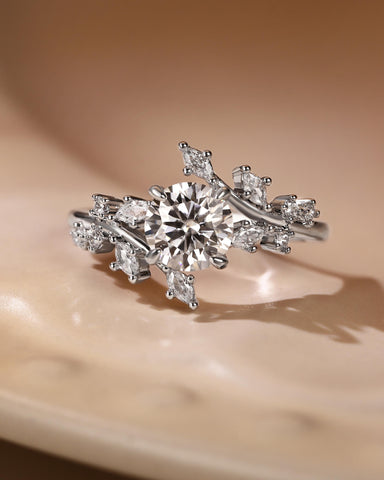 ALESSIA Nature Inspired Bypass Vine Leaf  Round Cut Engagement Ring