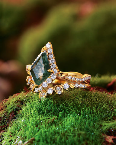 KARINA Vintage Halo Kite Cut Moss Agate Fairy Flower Inspired Engagement Set 2pcs